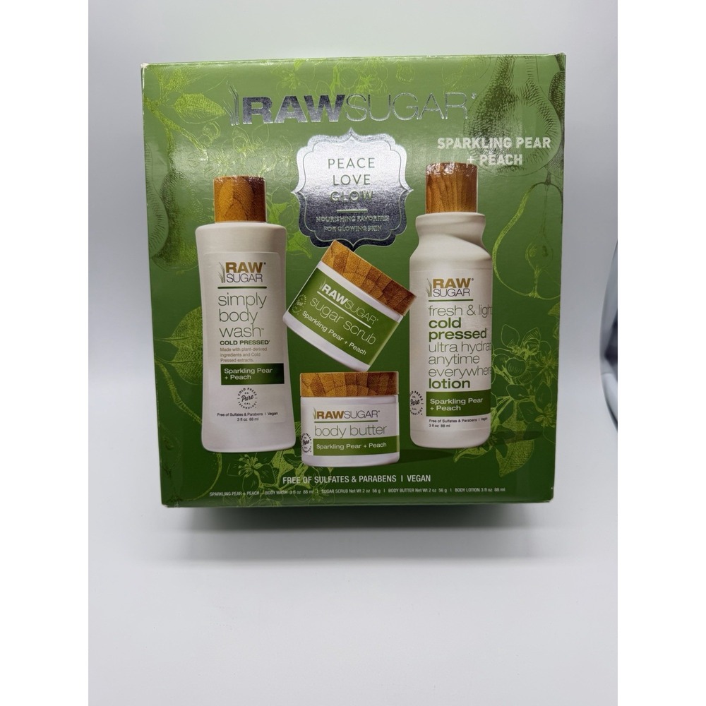Raw Sugar Sparkling Pear & Peach Body Wash, Sugar Scrub, Body Butter, & Lotion
